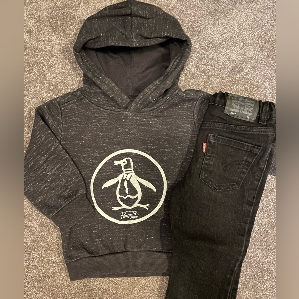 Toddler 2T Penguin hoodie and Levi’s jeans